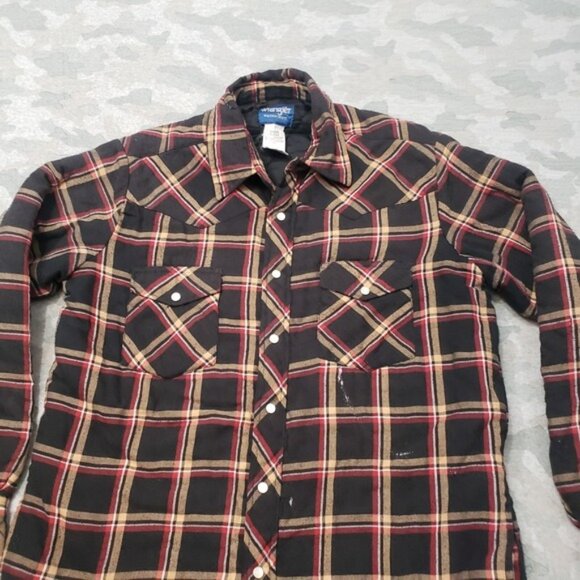 Wrangler Western Shirt Mens Medium Black Flannel Lined Pearl Snap Pockets - Picture 3 of 10